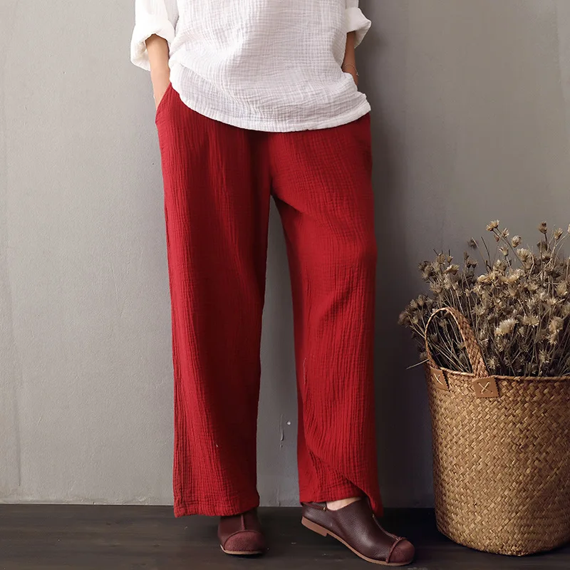 Elastic waist Solid Women Wide leg Pants Summer Casual Full length Long Pants Red Black White Vintage Wide leg Trousers C067