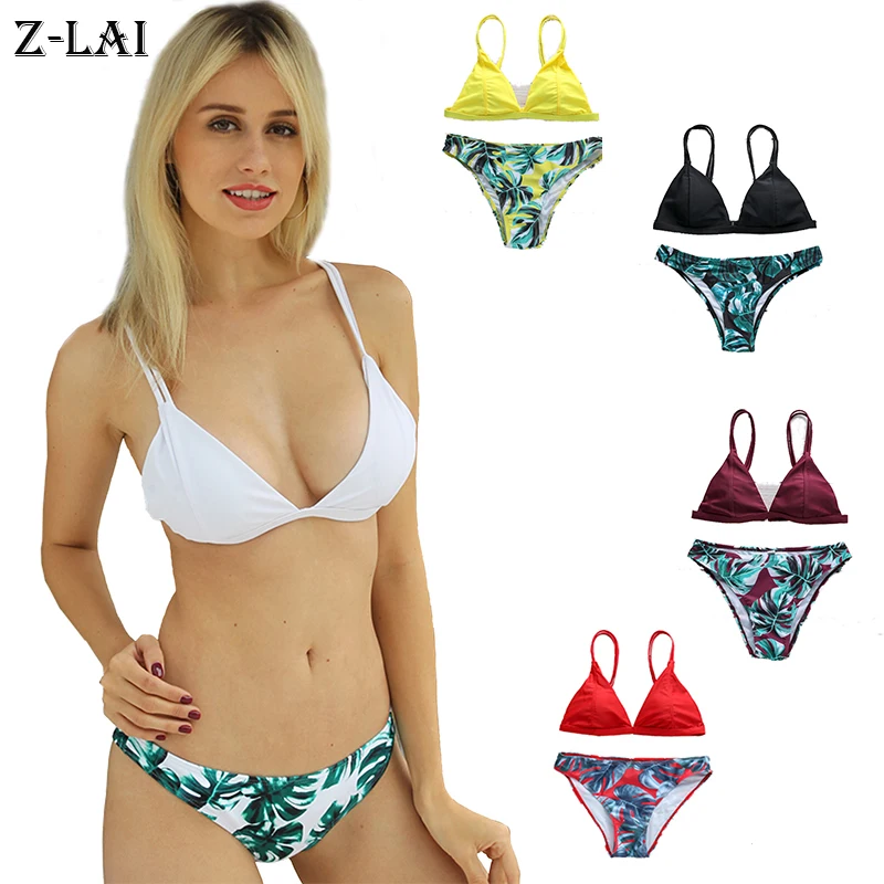 Z-LAI 9 Colors Solid Sexy Bikinis Push Up Swimwear Women Plant Print Thong Bikini Vintage Padded Bra Swim Wear Women 2018 Z-LAI 9 Colors Solid Sexy Bikinis Push Up Swimwear Women Plant Print Thong Bikini Vintage Padded Bra Swim Wear Women 2018