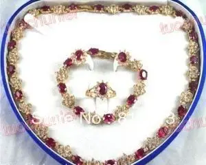 

FREE SHIPPING ddh0796 Beautiful red zircon Inlay crystal necklace bracelet earring ring Set