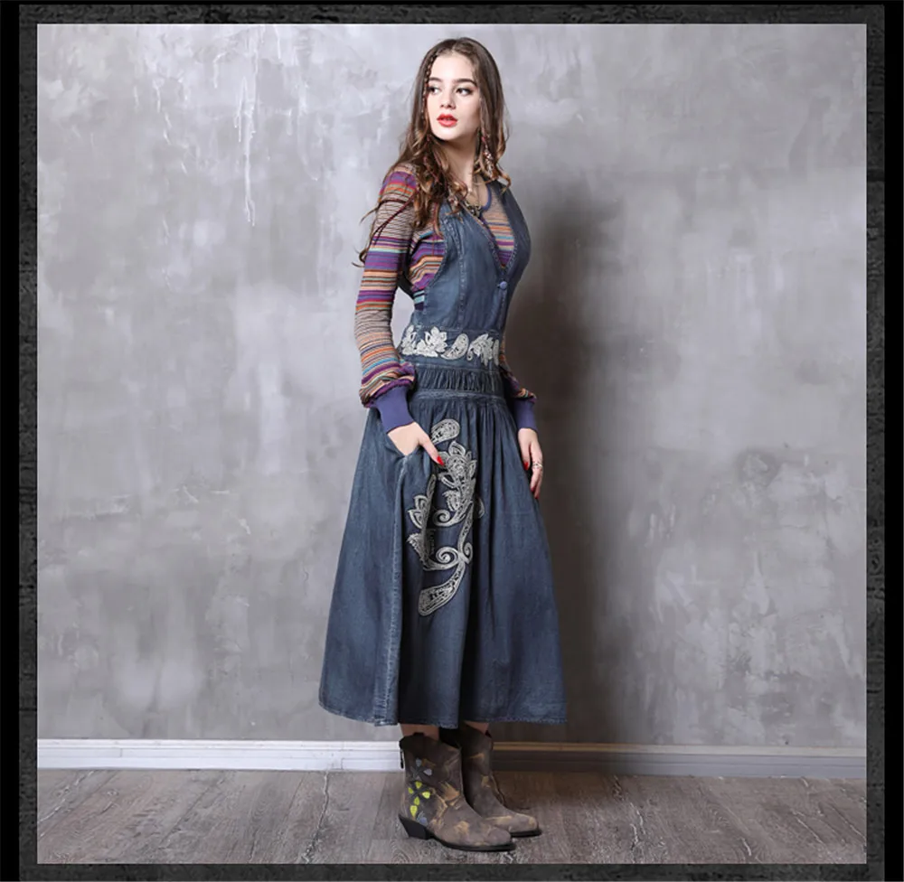 Vintage Hooded Dress Women 2018 New Arrival Denim Dresses Vintage Embroidery V-Neck Loose A-line Long Vestidos Femininas (8)