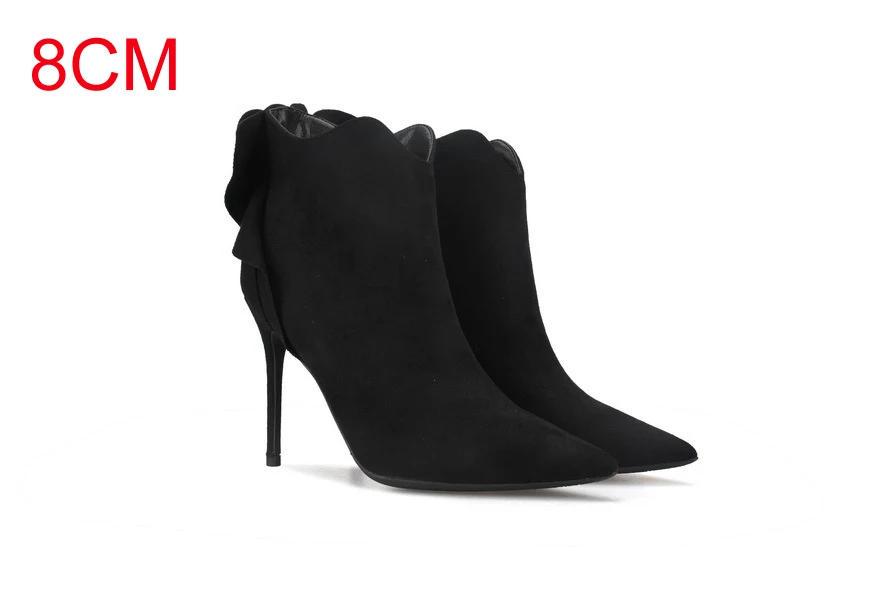 GENSHUO; женские зимние ботинки; пикантные ботильоны для женщин с острым носком; короткая плюшевая обувь на шпильке; женские ботинки на высоком каблуке с цветочным принтом - Цвет: Black 8cm