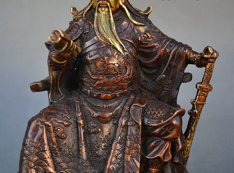 Древний Китай Бронзовая позолоченная книга Дракон Воин Guangong Guan Yu Ares статуя