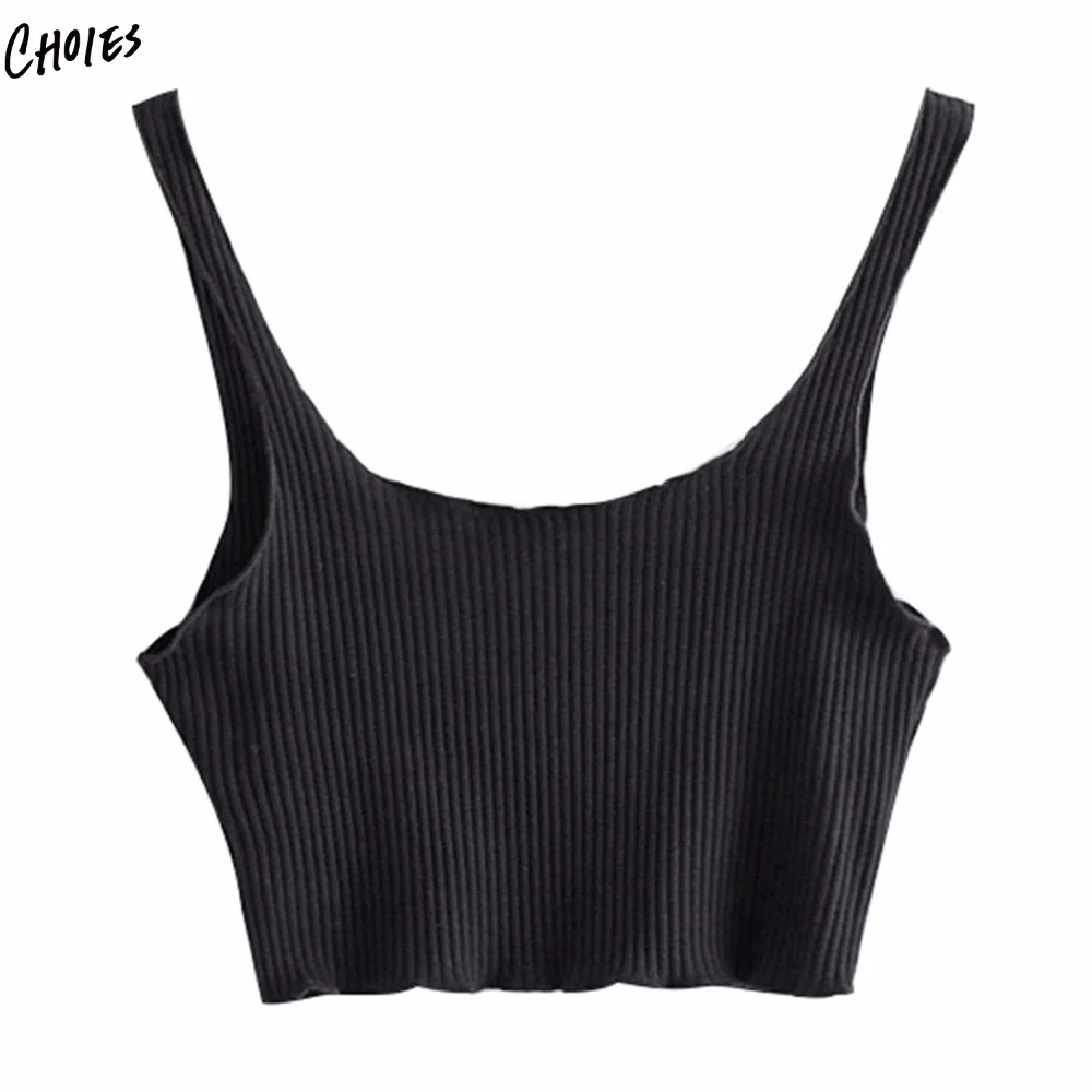 Solid Black Ribbed Cotton Polyester Crop Tank Top Women 2018 New Spring ...