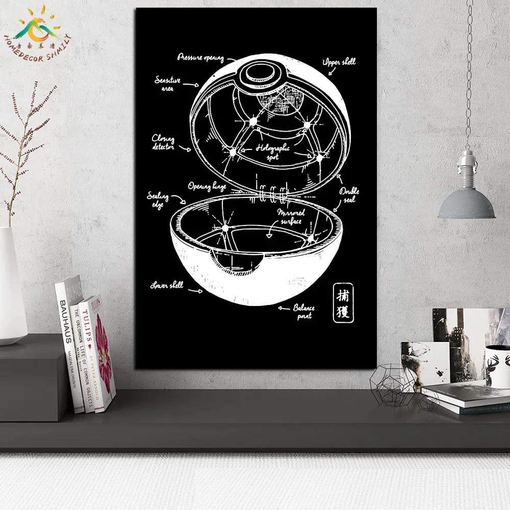 Постер Pokemon Pokeball Blueprint Wall Art Холст печать картина рамка прокрутка картина плакат декоративная художественная печать картина