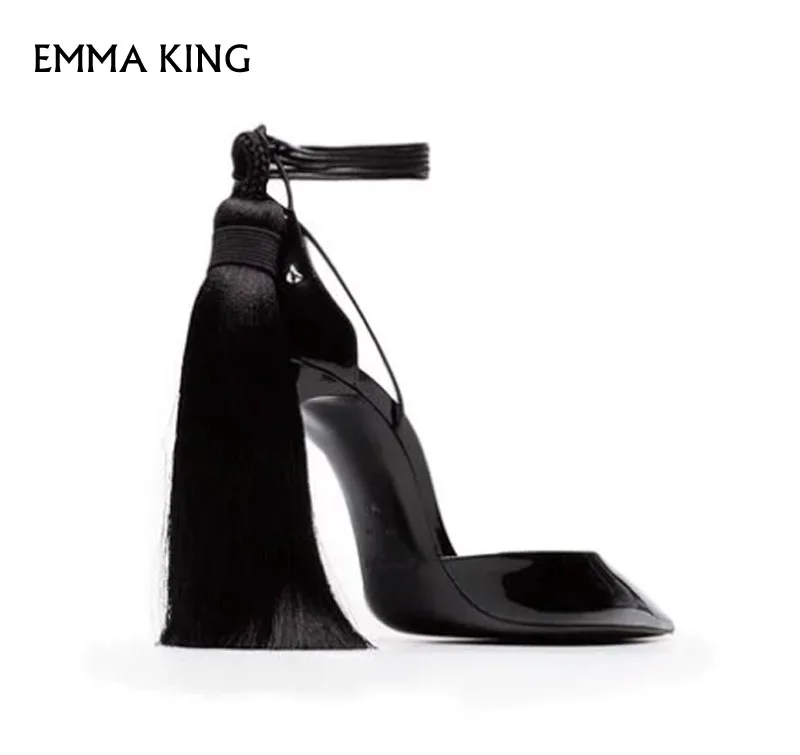 Black Luxury Heel Pumps Pointed Toe High Block Heel Hanging Tassel Tie-around Ankle Strap Shoes Woman Plus Size Heels Ladies