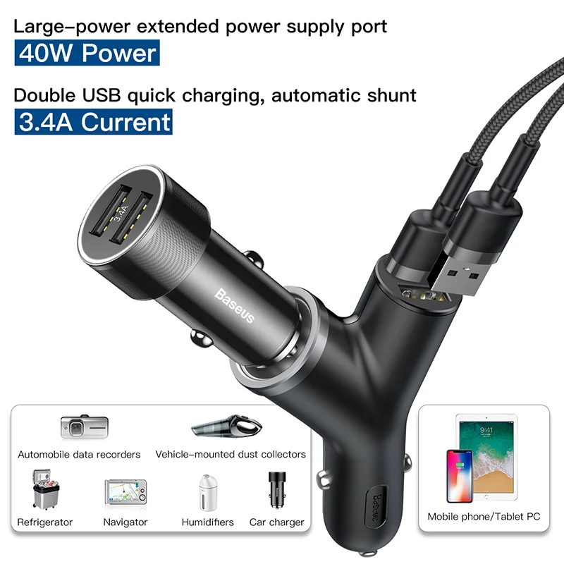 Baseus Car Charger 40W Double USB Shunt For iPhone Samsung Xiaomi mi 3.4A Fast Car Charger Power Adapter Car Cigarette Lighter