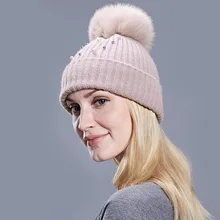 Новые женские Алмазные шерстяные шапочки из натурального Лисьего меха шары помпоны шапка Роскошные шапочки Skullies однотонная кашемировая шапка на осень зиму