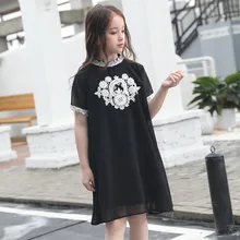 Одежда для подростков с цветочным принтом; Черная шифоновая свободная Мягкая юбка с вышивкой в национальном стиле; платье принцессы для девочек 12 лет; сезон лето