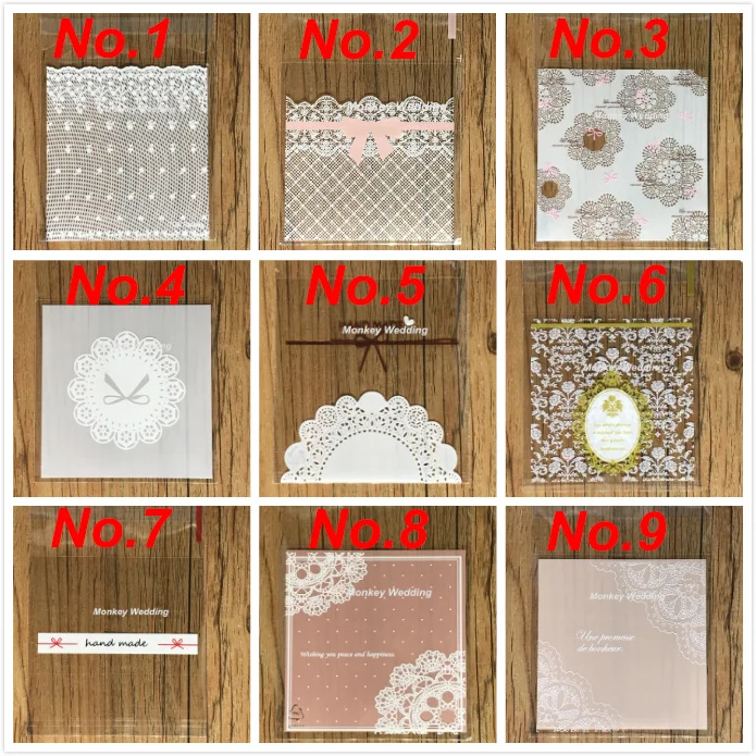 

100pcs 7*7cm 9 Styles Mini Flower Lace Bow Gift Packaging Opp Bag Self-adhesive Bags Candy Biscuit Cookies Bags