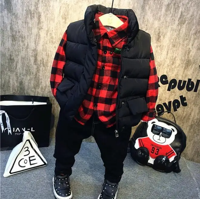 

New Winter Kids Boys 2 Style Clothes Suit Black Red Fiber Filled Vest Flocking Plaid Shirt Thick Jeans Pants 3 Piece Set 2-7Yrs