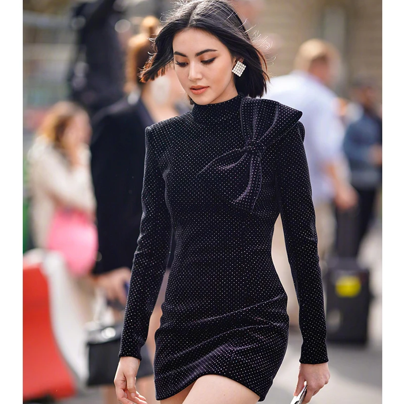 New Fashion Runway Designer Gilding Sequines Velvet Dress Winter Women Long Sleeve Big Bowknot Sheath Bodycon Party Dress