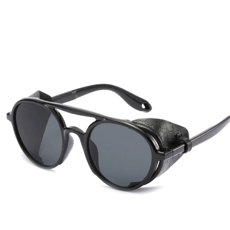 

2019 New Fashion Vintage SteamPunk Punk Style Round Sunglasses Leather Side Shield Brand Design Sun Glasses Oculos De Sol