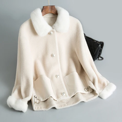Пальто из корейской норки с меховым воротником, шерсть, Женская куртка, осенне-зимняя куртка, женская шуба из овчины, замшевая подкладка ZT1647 - Цвет: MiBaiSe