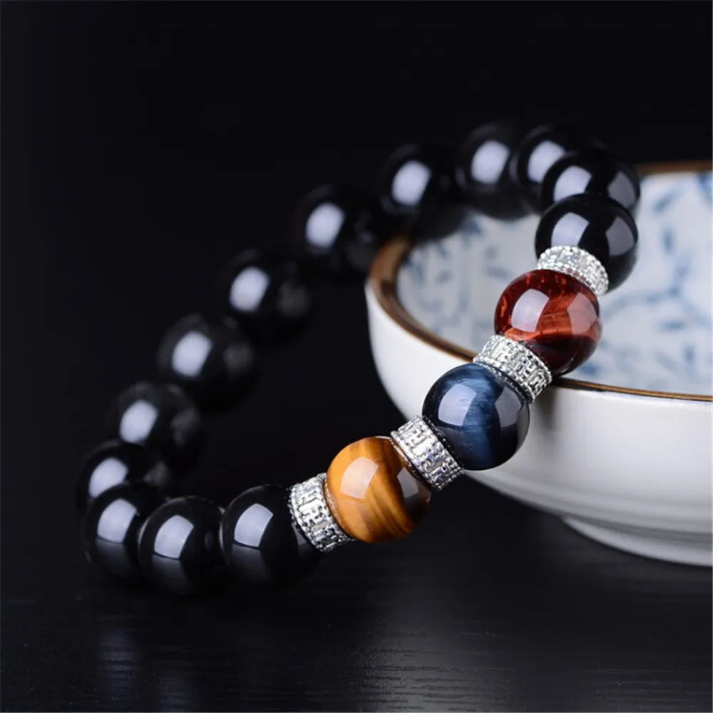 Natural Obsidian Beads Bracelet Rainbow Eye Obsidian Yellow Red Blue