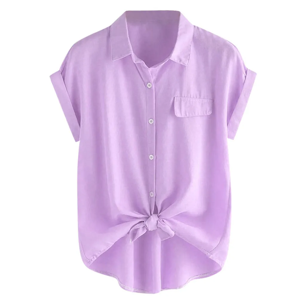 

Summer women's rolling cuffs knotted hem shirt ladies fashion button casual solid color shirt lapel loose large size shirt