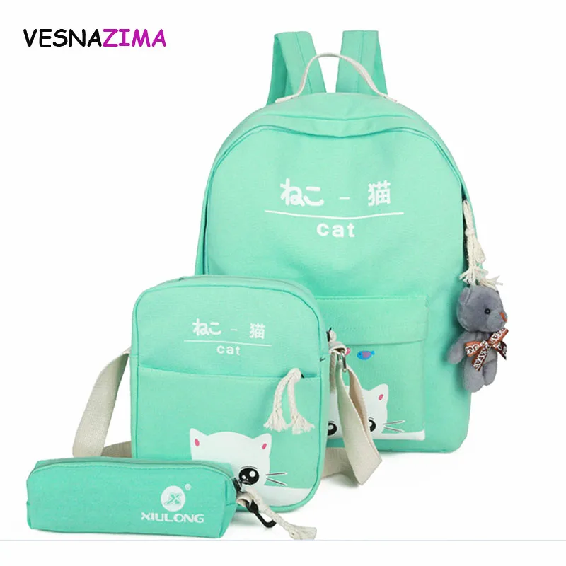 

2018 Fashion Cartoon Kitten Backpack Ladies High Quality Canvas School Bag for Teen Girls College 4pcs/set School Backpack W499Z