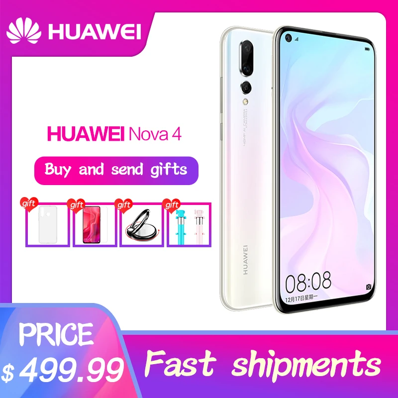 

Original HUAWEI NOVA 4 Smartphone 6.4 inch Full Screen nova4 Kirin 970 Octa Core Phone 8G RAM Micro-Intelligent i7 Android 9.0