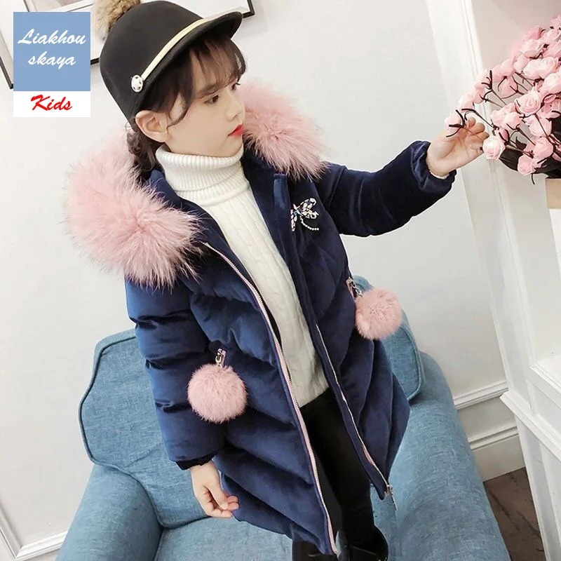 Liakhouskaya/ г.; детская зимняя куртка для девочек; пальто; парки для девочек в Корейском стиле; Верхняя одежда с меховым капюшоном; пальто для подростков - Цвет: Blue
