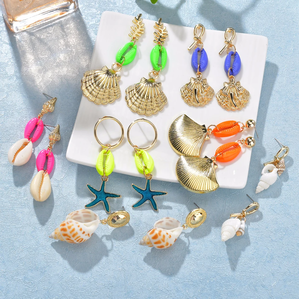 

Cute Conch Shells Earings Charm Star Dangle Earrings For Women Colorful Starfish Seaweed Bamboo Woven Pendants Summer Style Gift