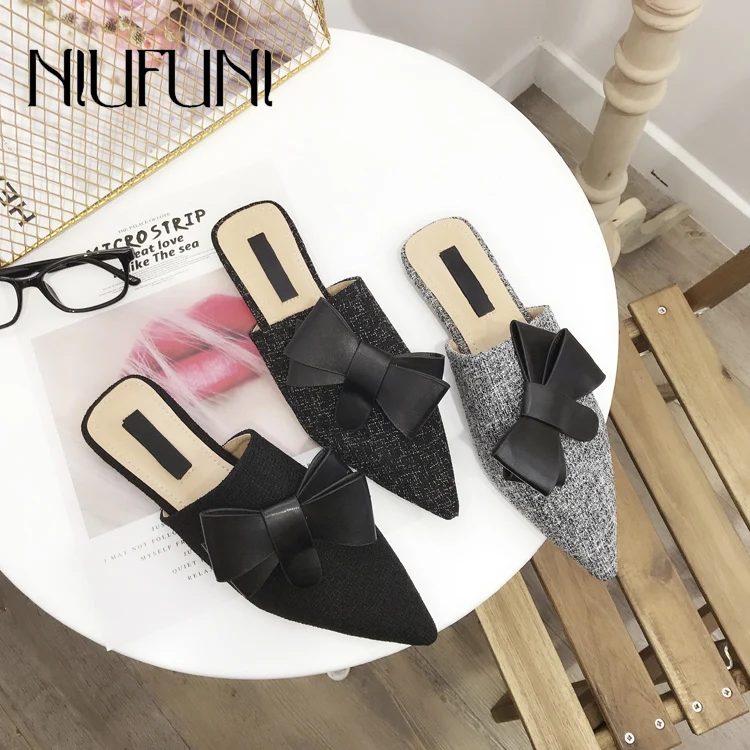 

Pointed Fashion Solid Color Bow Sexy Women's Slippers Flat Shoes NIUFUNI New Simple Mules Shoes Slip Ons Casual Outdoor Sandals