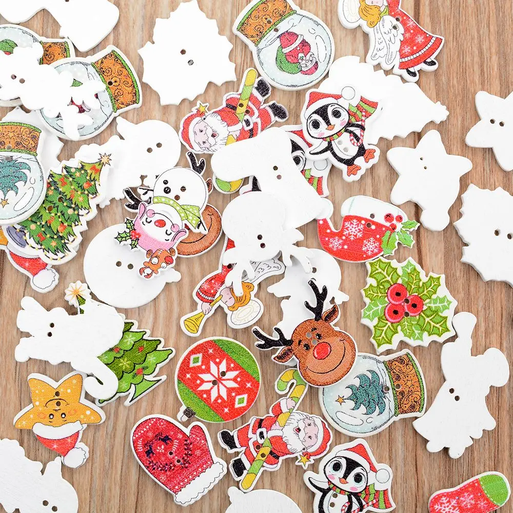

50pcs Random Mixed Wooden Button Christmas Pattern Scrapbook Decorative Buttons For Cloth Decoration New Year's Product