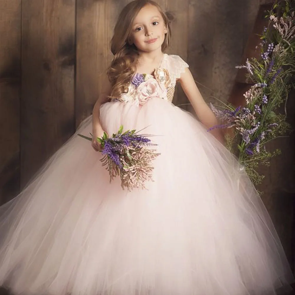 

Pink Flower One Shoulder Lace Tutu Dress Vestido for Baby Girl Clothes Children Wedding Birthday Party Floor Length Long Dresses