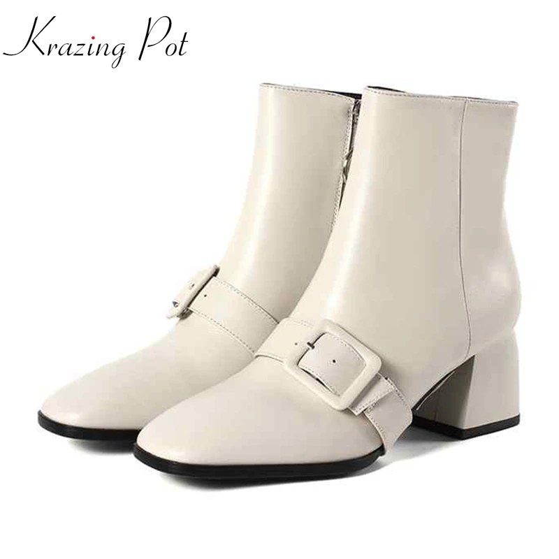 

Krazing Pot genuine leather square toe circularity zipper decoration high heels streetwear model catwalk women ankle boots L63