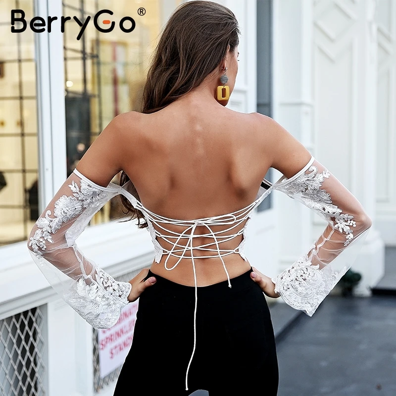Элегантные женские топики с вышивкой BerryGo прозрачные летние сеточкой и коротким