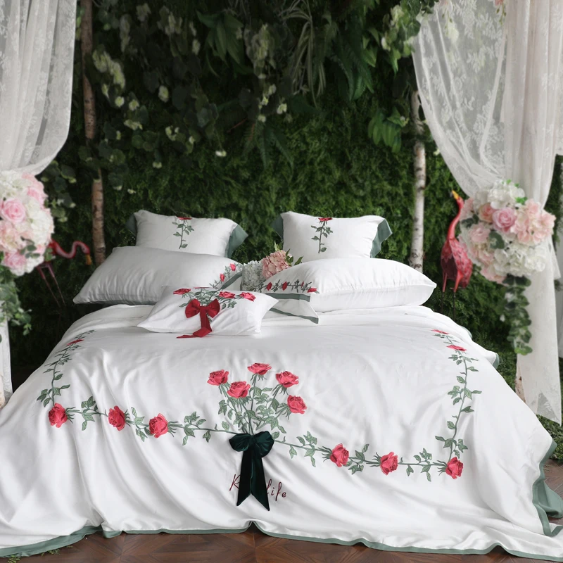 

New Luxury White Pink Rose Flowers Embroidery Tencel Silk Princess Girl Bedding Set Duvet Cover Bed Sheet Bed Linen Pillowcases
