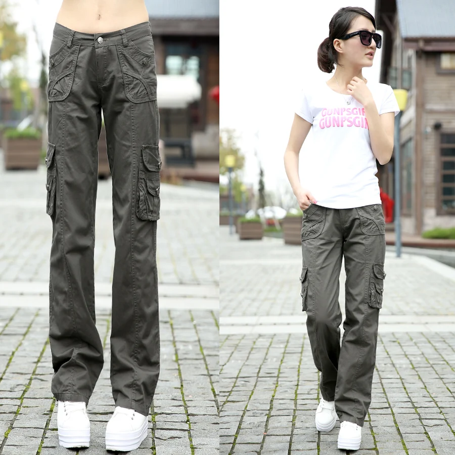 

Free shipping 2015 Plus Size spring and autumn outdoor sports multi-pocket cotton slacks straight female girl women clothing