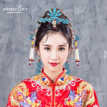 

HIMSTORY Luxury Chinese Phoenix Peacock Hair Hairpin Vintage Charm Blue Bridal Hair Jewelry Pearls Headbands Wedding Accessories