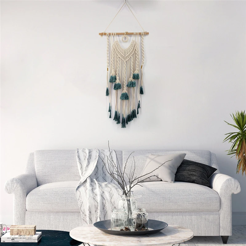Bohemia Style Handmade Beige Wall Tapestry With Blue Tassells 1pcs Home Decor Cotton+Wood Hanging Tapestry Home Art Tapestry