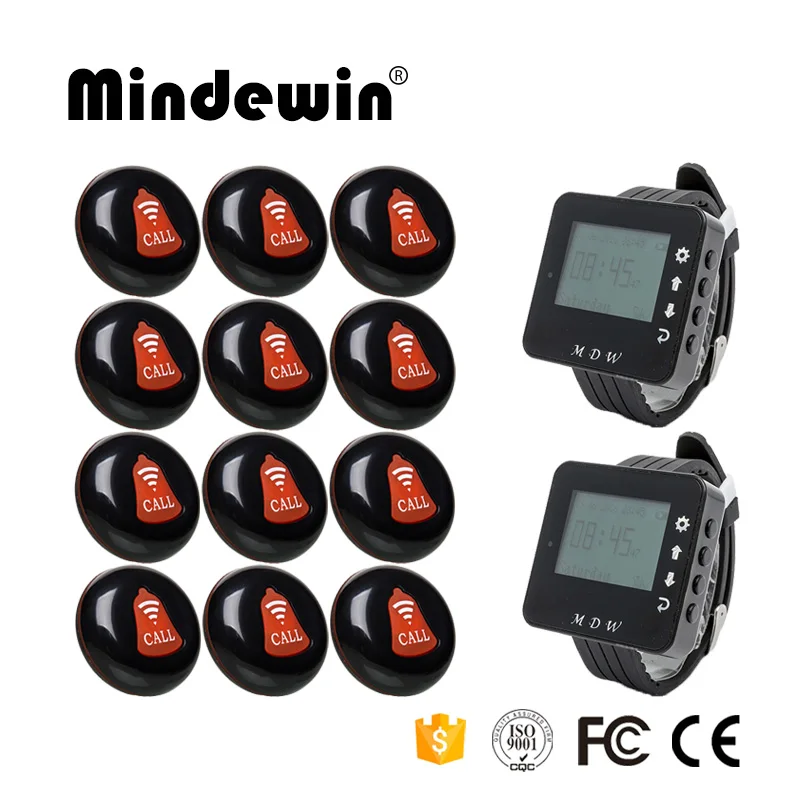 Mindewin ресторанная настольная кнопка вызова Беспроводная система вызова официанта 12 шт. кнопка вызова M-K-1 и 2 шт. часы пейджер M-W-1 - Цвет: Black red