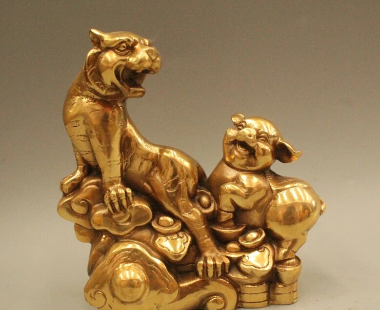 

free 6"China Chinese Feng shui Brass Zodiac Year Lucky Money Tiger Pig Wealth Statue fast