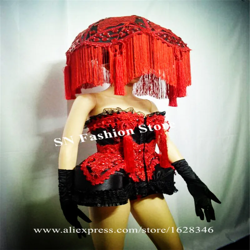 

EC831 Singer performance sexy red bodysuit dj bar weras outfits umbrella dance costumes ballroom party dresses clothe skirt club