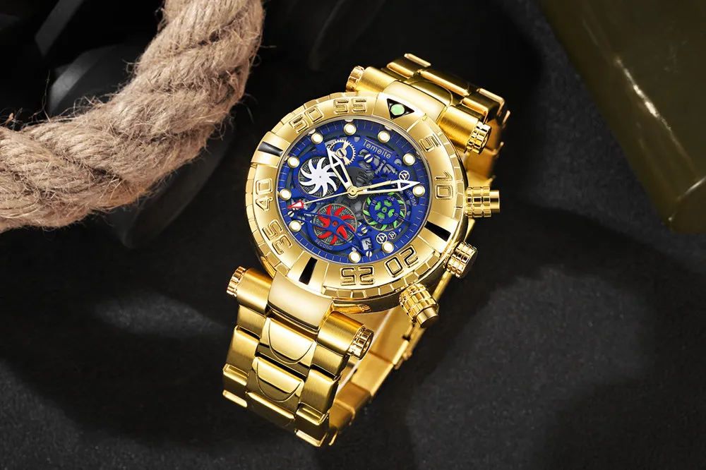 Temeite часы мужские деловые повседневные золотые креативные полые Кварцевые часы водонепроницаемые военные наручные часы Мужские часы с хронографом
