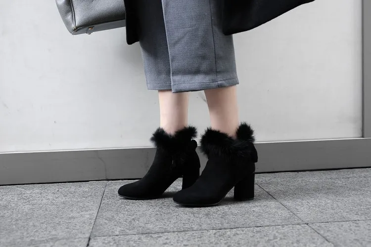 Womens Pointed Toe Booties Shoes Korean Bow Thick High Heel Large Size Fashion Ankle Boots Black Khaki Grey9