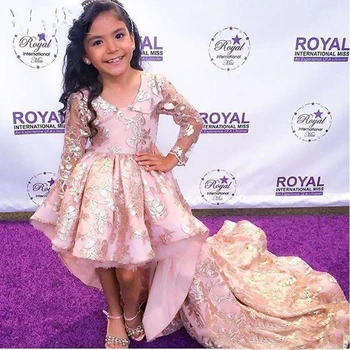 

Pearl Pink High Low Long Sleeve Flower Girl Dress Lace Applique Ruffles Kids Children Prom Party Gowns Girls Pageant Dresseslx