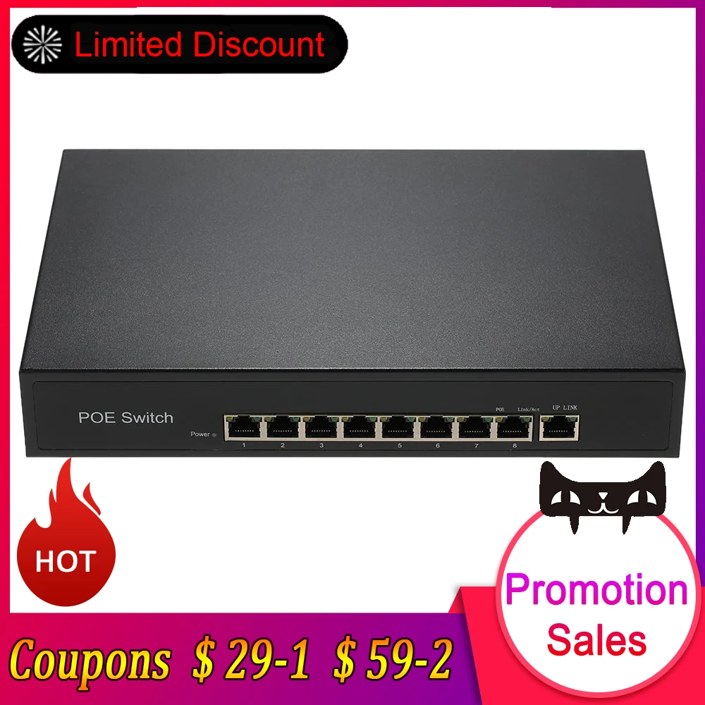 

1+8 Ports 100Mbps PoE Switch Injector Power over Ethernet IEEE 802.3af for Cameras AP VoIP Built-in Power Supply Switch Adapter