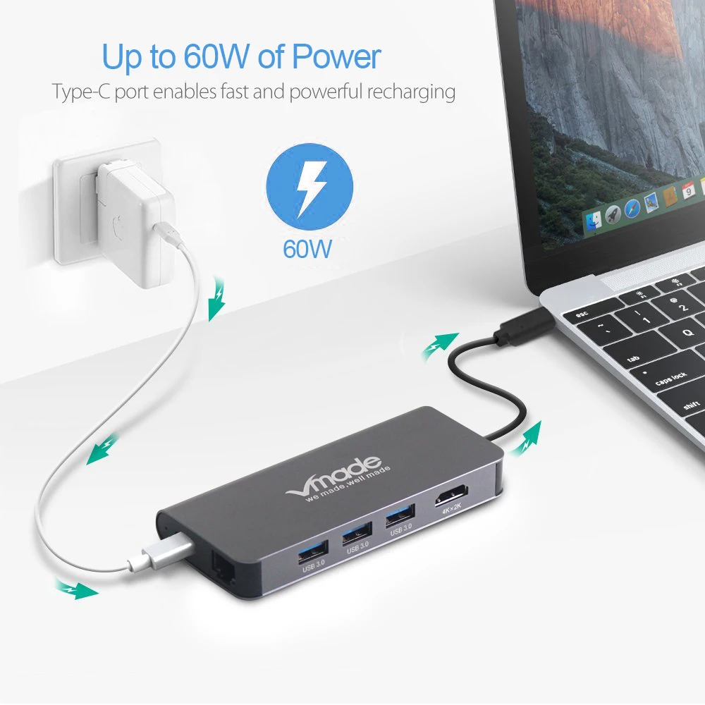 

Vmade 8 in 1 USB 3.0 HUB Type C to HDMI/USB 3.0/RJ45/SD/TF/Type C Adapter Convertor For Macbook Pro Google Chromebook