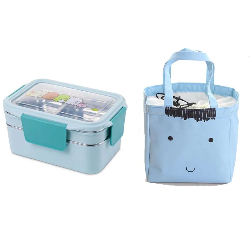 Мультяшный Ланч-бокс из нержавеющей стали, двухслойный контейнер для еды, портативный для детей, для пикника, для школьных Бенто-боксов, 1400 мл - Цвет: Blue Lunch Box x Bag