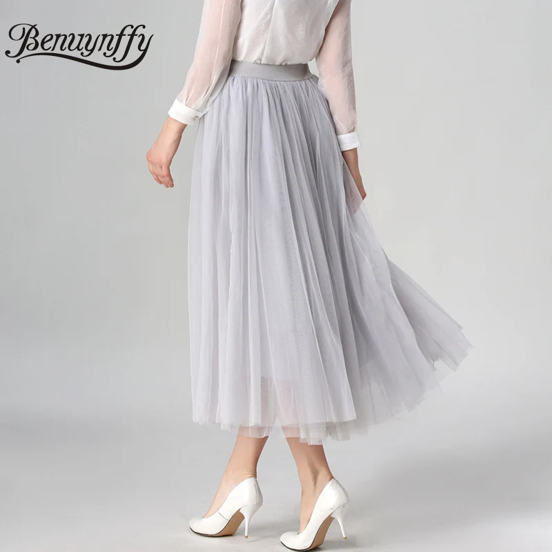 Women Elegant Pleated Maxi Tulle Skirt Big Swing Long High Waist Adult Skirt