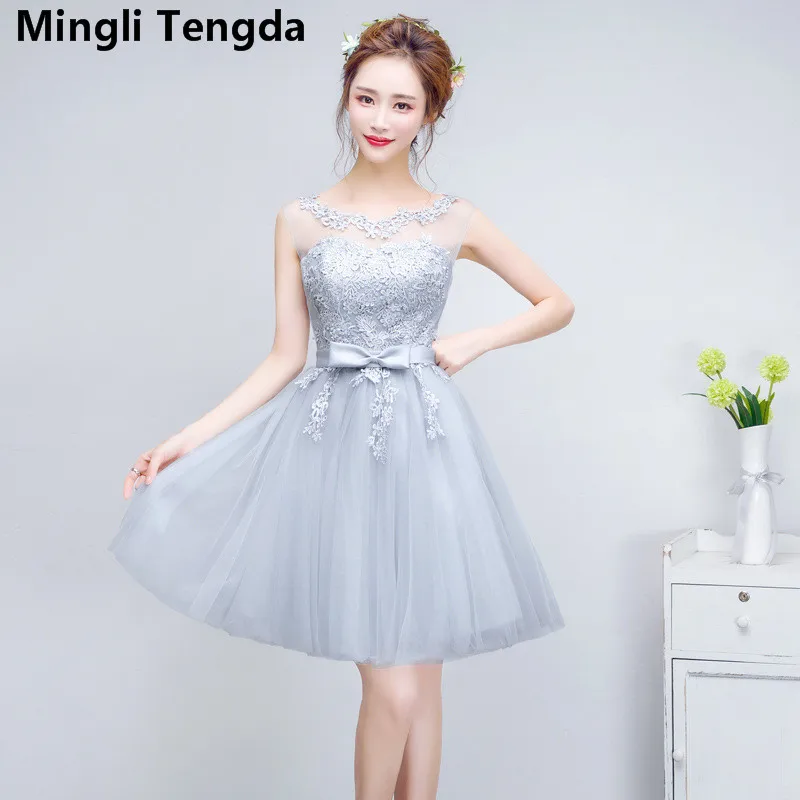 Bridesmaid Dresses Pretty Appliques Lace Flowers Wedding Party Dress Women Elegant O Neck Sleeveless Dress Gray Mingli Tengda