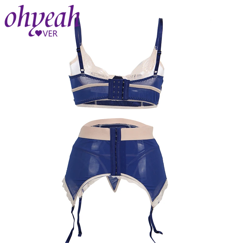 Ohyeahlover прозрачный бюстгальтер Ropa Interior Femenina Conjunto набор бюстгальтеров RM80186 сексуальный комплект бюстгальтера размера плюс темно-синий с бежевым кружевным накладным слоем