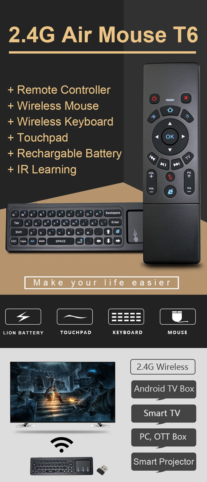 [AVATTO] T6C 2,4G Беспроводной 7 цветов клавиатура с подсветкой Air Мышь с тачпадом и ИК-обучения Подсветка мини-клавиатура для Smart tv, Android tv Box