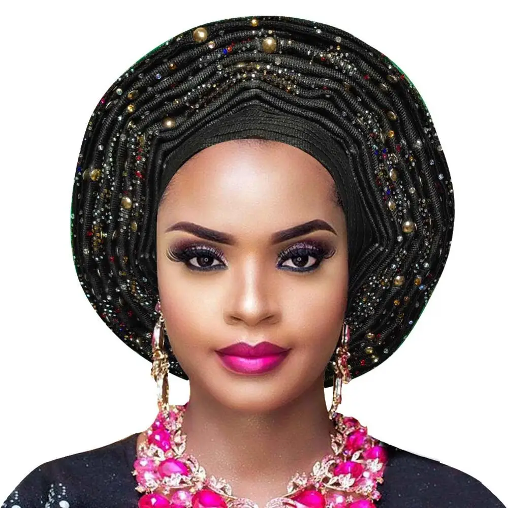 Aso oke головной убор с бисером aso oke нигерийский головной убор aso ebi африканский геле Авто геле Африканский головной убор хорошее качество - Цвет: black