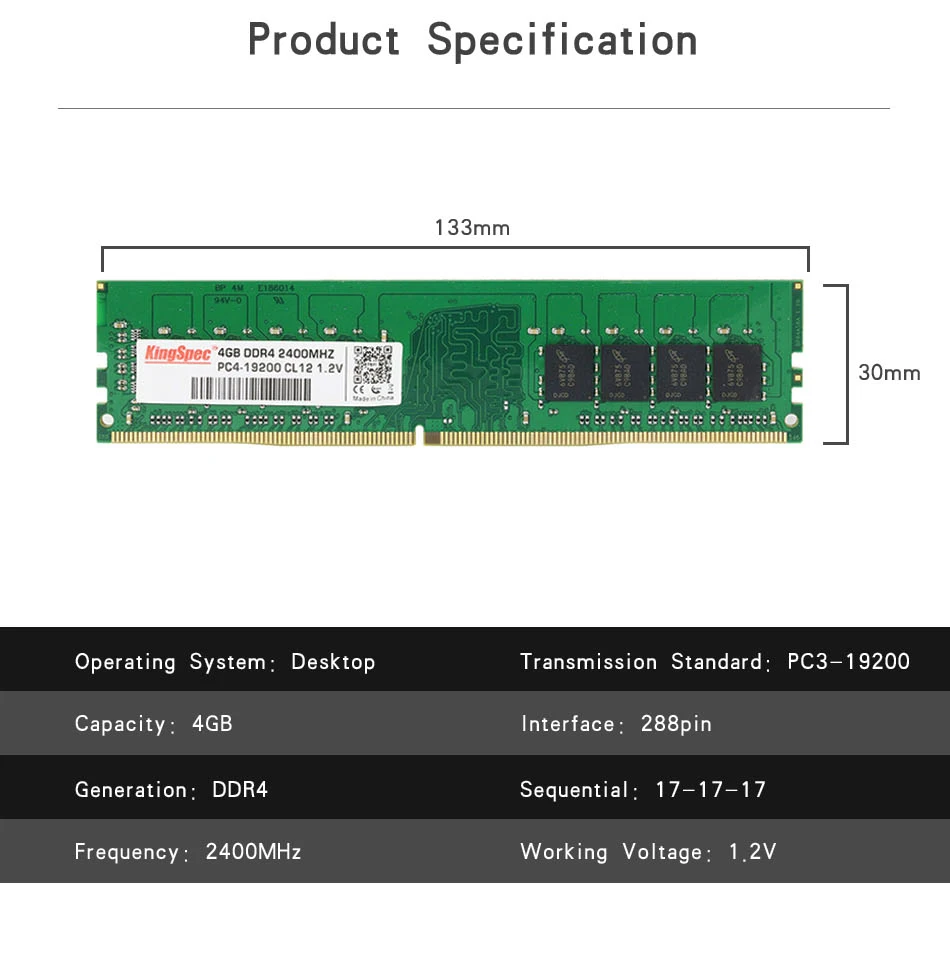 KingSpec DDR4 4 ГБ 8 ГБ 16 ГБ ОЗУ Настольный ПК Память 2400 МГц PC3-19200 288pin высокая производительность высокая скорость 1,2 в