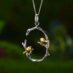 Lotus Fun реальные 925 пробы серебро Природный оригинальный ручной Fine Jewelry Птица на ветке кулон без Цепочки и ожерелья для Для женщин