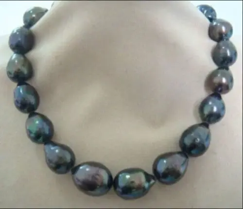 

xiuli 001898 HUGE 13-15mm Tahitian Genuine Black peacock drop Pearl Necklace