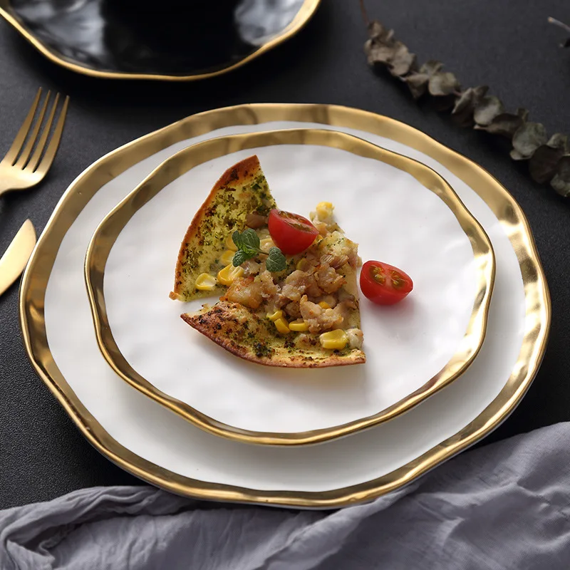 Европейский стиль, керамическая посуда с золотой стороной, белая и черная, фарфоровая тарелка для стейка, десертный поднос, кухонный набор обеденных тарелок